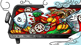 手绘烤鱼美食聚餐插画