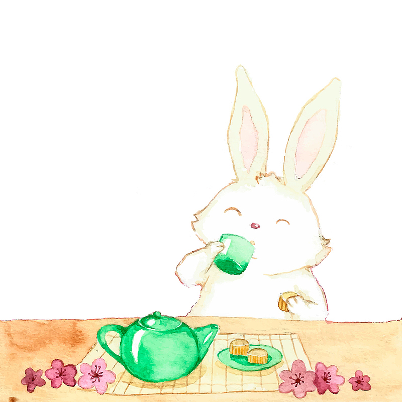 水彩绘中秋节饮茶兔子矢量图