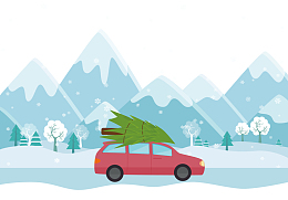 在冰天雪地里载树的车