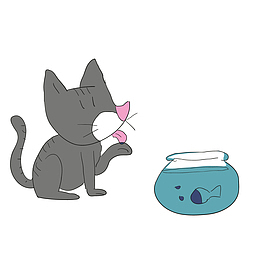 卡通灰色猫咪与蓝色鱼缸