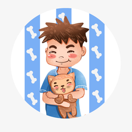 手绘卡通男孩抱小狗