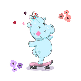 可爱玩滑板小河马矢量图