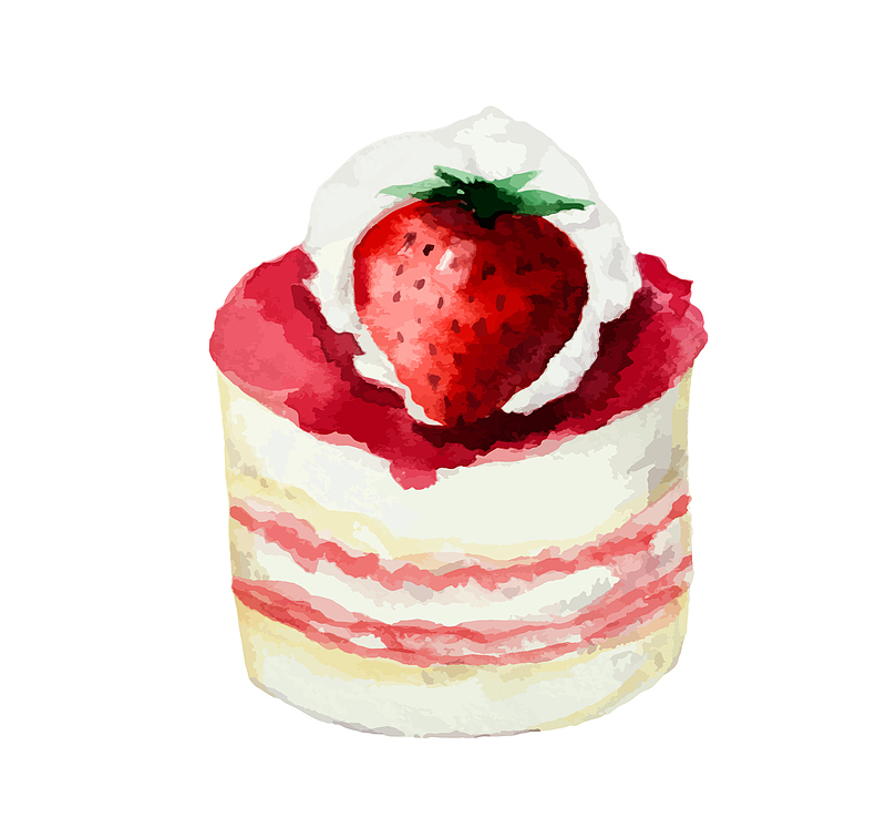 手绘水彩蛋糕设计元素草莓小蛋糕