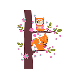 手绘卡通小狐狸和猫头鹰插画