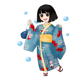 手绘穿着日本服饰的女孩