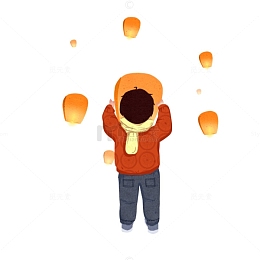 手绘插画放许愿灯的男孩