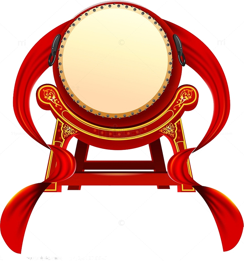手绘中国风红色丝带和鼓
