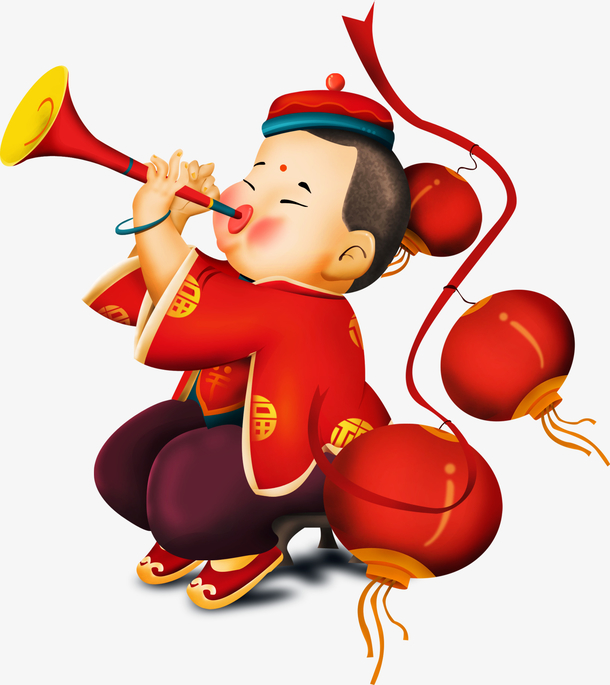 吹唢呐的新年小孩子