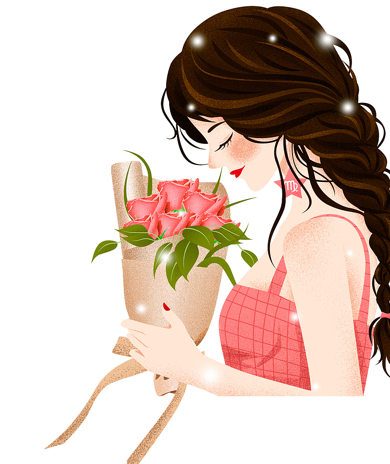 小清新手绘拿玫瑰花的女孩