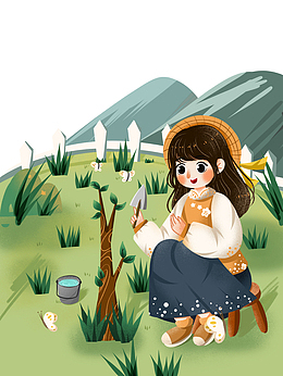 小女孩种树苗植树节