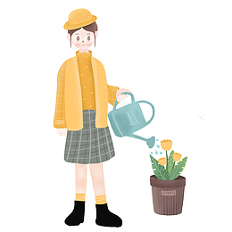 手绘浇花的小女孩