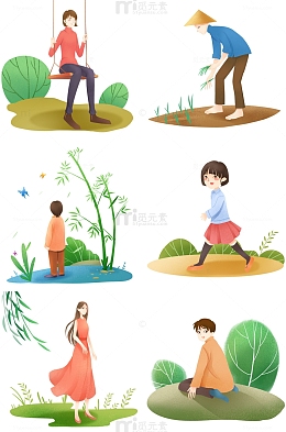 手绘女孩插秧树