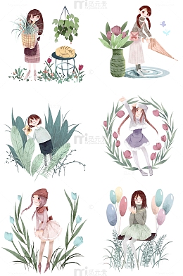 春天女孩花朵手绘