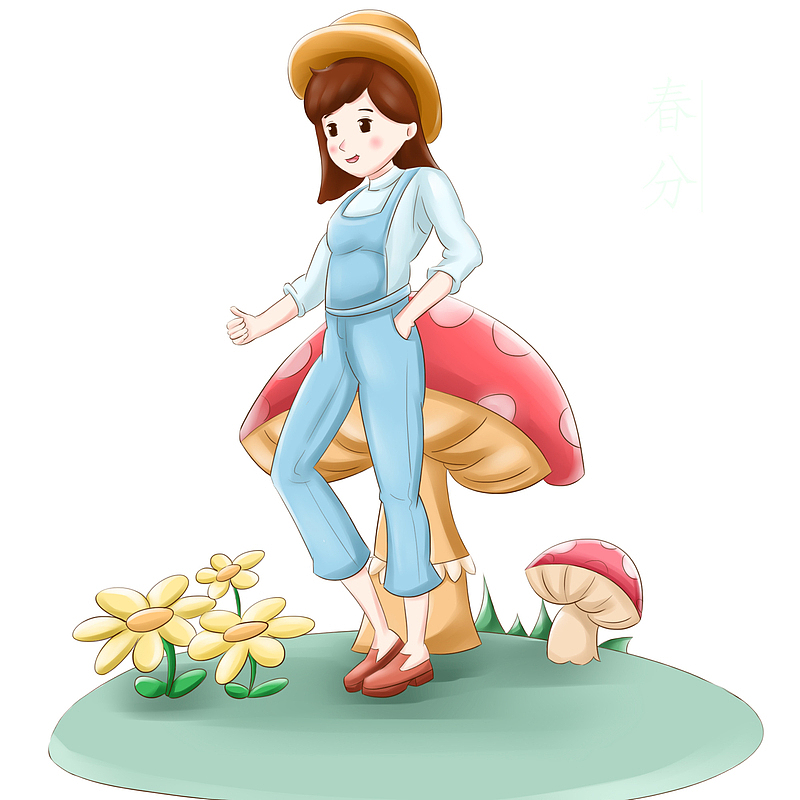 女孩春天蘑菇图