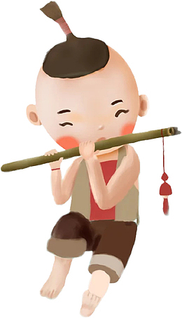 手绘吹笛子的清明牧童