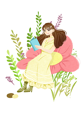 粉色女孩插画叶子