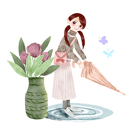春分女孩雨水花朵