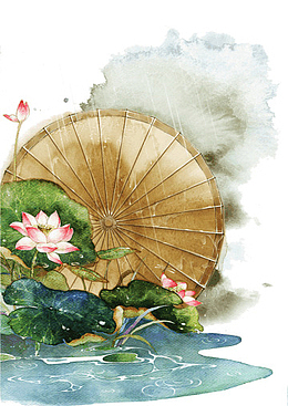 手绘下雨荷花