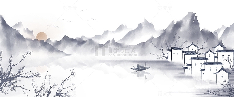 中国风手绘水墨风景山水徽派建筑50