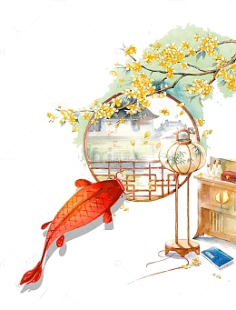 中国风窗户鱼树枝花朵灯笼