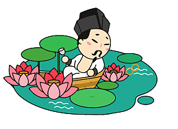 李白 荷塘 荷花 荷叶  卡通 诗人