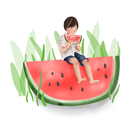 夏日手绘吃西瓜卡通