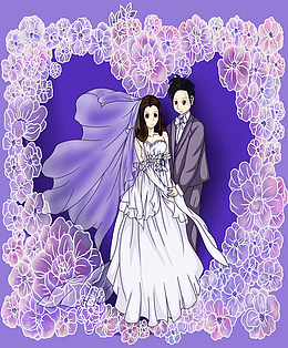 2019年紫色结婚活动漫人物设计元素