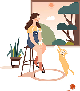 插画少女风景可爱猫咪
