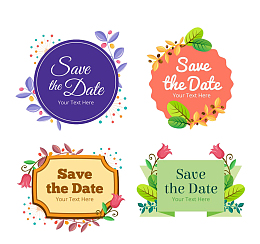彩色花草装饰婚礼标签矢量图