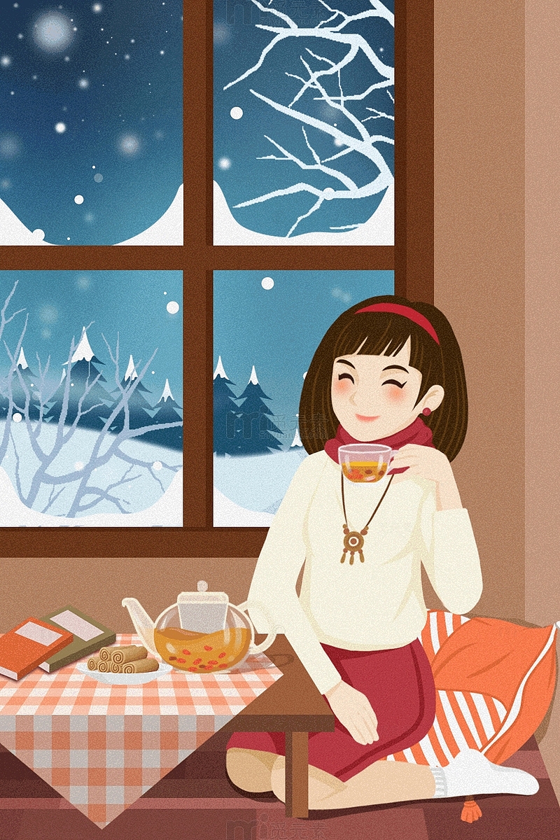 手绘冬季在家喝茶赏雪过冬