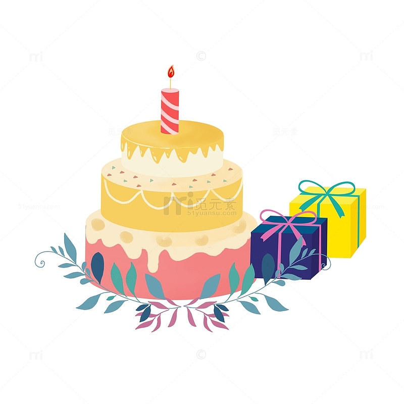 生日蛋糕和礼物以及蜡烛