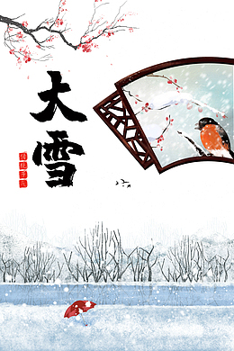 大雪梅花雪花窗鸟雪地伞