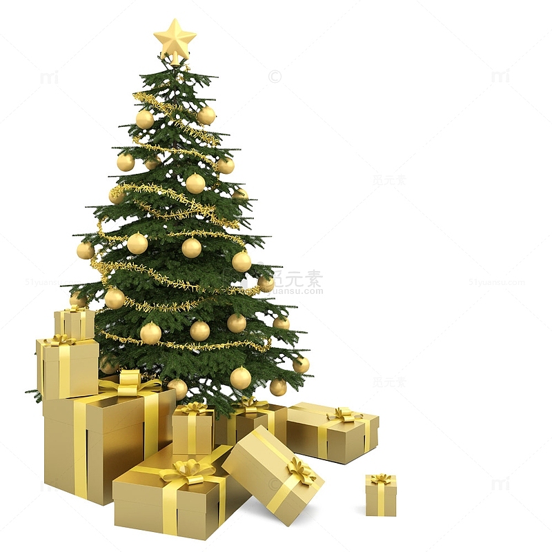 圣诞节圣诞树金黄礼物盒