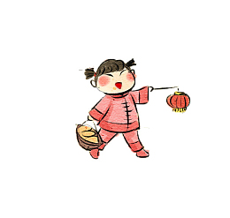 手绘水彩手拿篮子和灯笼的古代小女孩图片