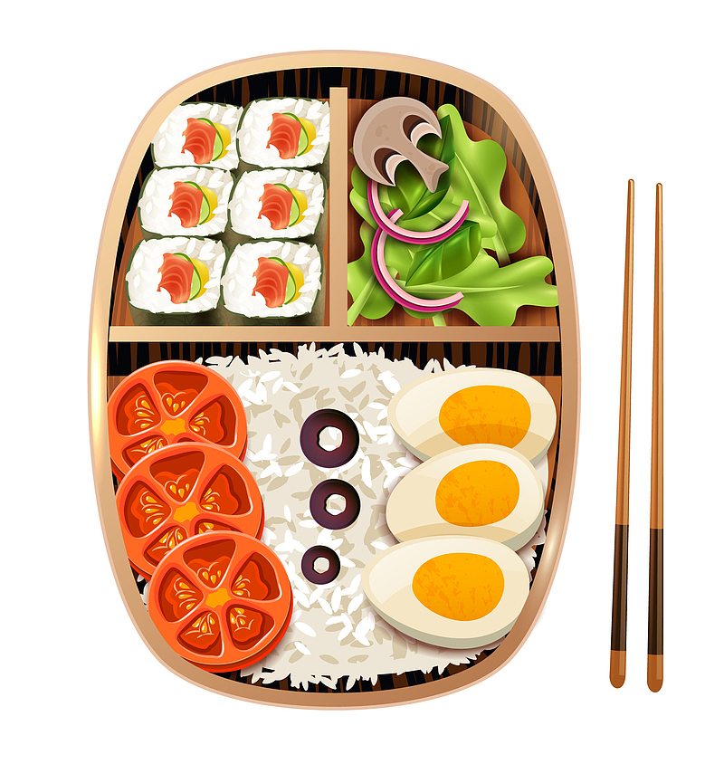 饭盒 便当 日式 鸡蛋 番茄 蔬菜 筷子