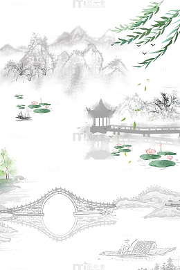 古风柳树荷花山水画