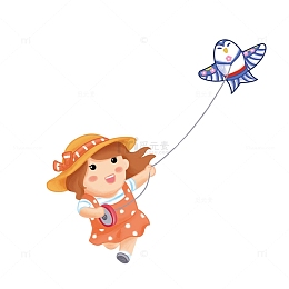 春天    小女孩   放风筝   卡通