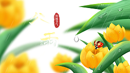 谷雨绿叶花朵瓢虫水滴