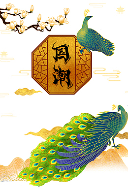 国潮元素花孔雀祥云