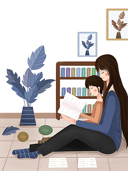 手绘母子植物室内元素