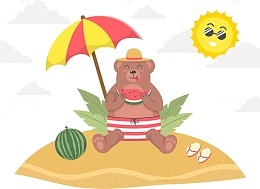 夏天坐在沙滩度假晒太阳的熊