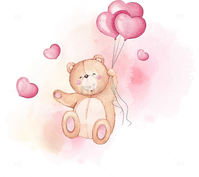 水彩手绘拿着爱心气球的小熊