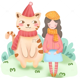 小女孩和猫手绘