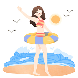 手绘，夏日，海滩，旅游游泳戏水女孩
