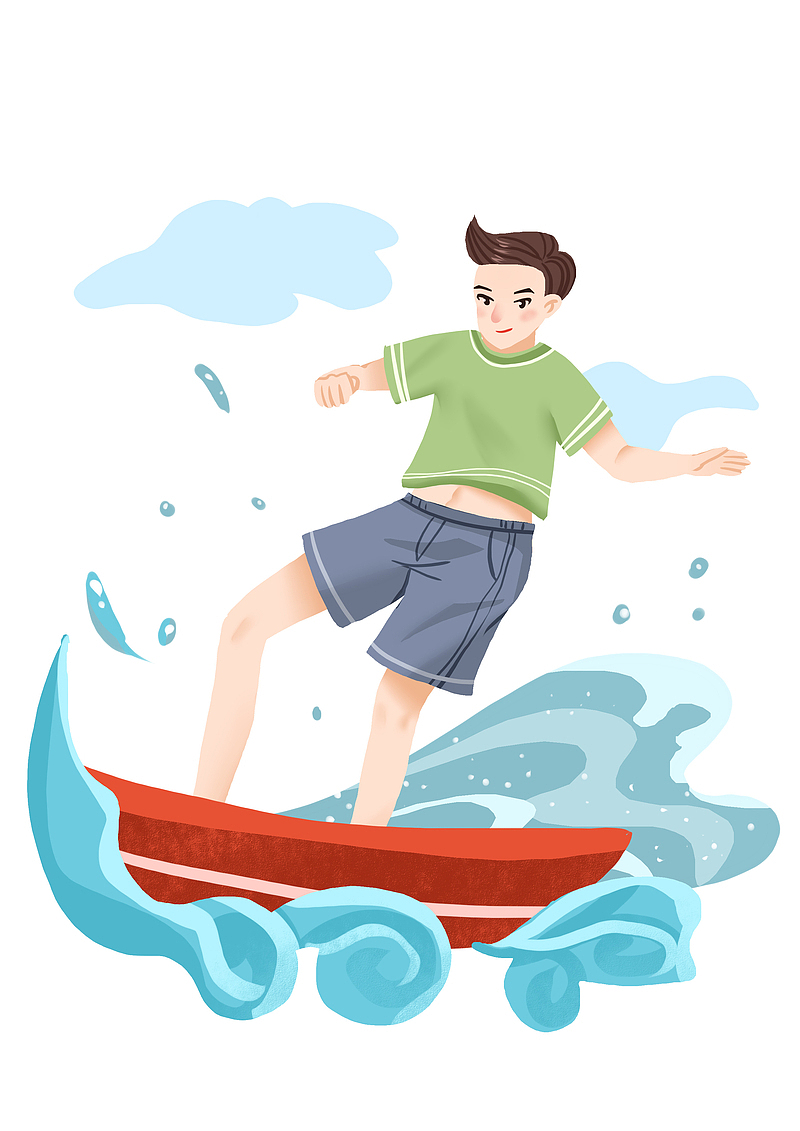 手绘夏季水上运动冲浪插画