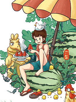 大暑夏天手绘人物西瓜遮阳伞