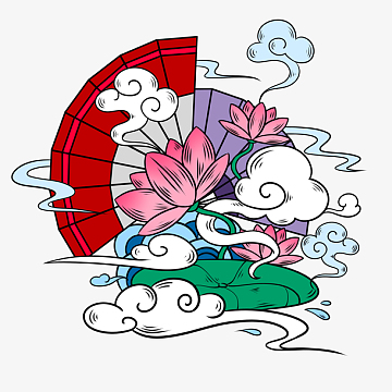 中国风国潮手绘荷花荷叶祥云浪花