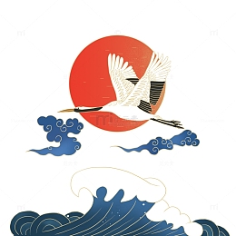 复古风格仙鹤海浪