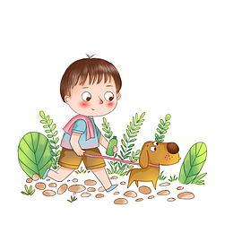 早上出门遛狗的小男孩