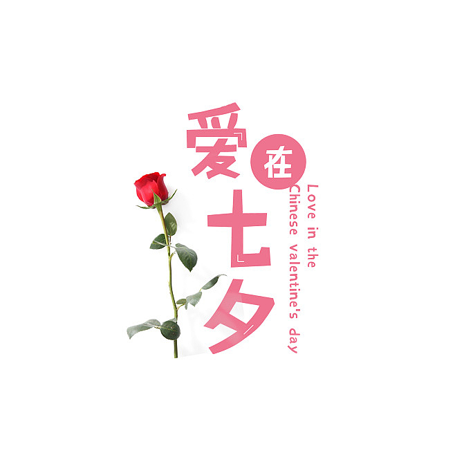 粉色七夕节爱在七夕字体和一支玫瑰花